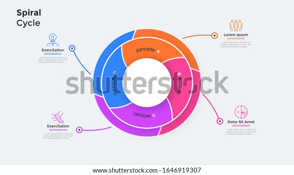 Circular pie diagram divided into 4 swirling\
colorful parts. Concept of four features of business project.\
Simple infographic design template. Flat vector illustration for\
presentation, report.