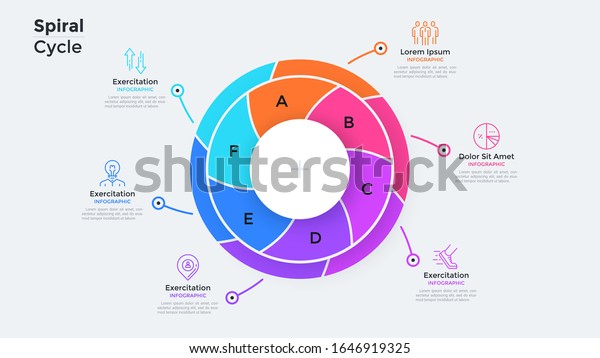 Circular pie diagram divided into 6 swirling\
colorful parts. Concept of six features of business project. Simple\
infographic design template. Flat vector illustration for\
presentation, report.