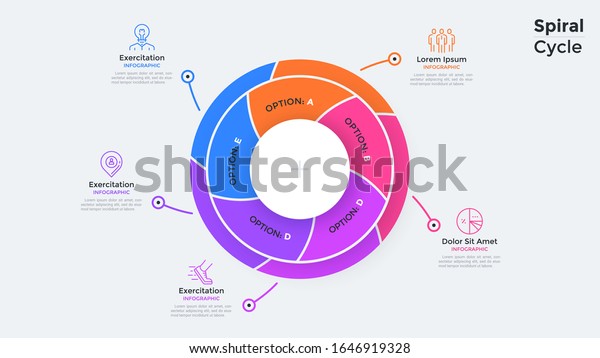 Circular pie diagram divided into 5 swirling\
colorful parts. Concept of five features of business project.\
Simple infographic design template. Flat vector illustration for\
presentation, report.