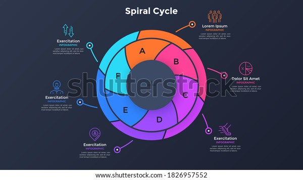 Circular pie diagram divided into 6 swirling\
colorful parts. Concept of six features of business project. Simple\
infographic design template. Flat vector illustration for\
presentation, report.