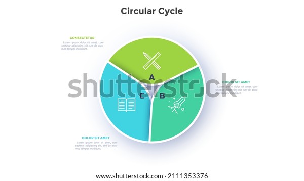 Circular pie diagram divided into 3 colorful\
sectors. Concept of three parts of startup project development\
strategy. Simple flat infographic vector illustration for\
statistical information\
analysis.
