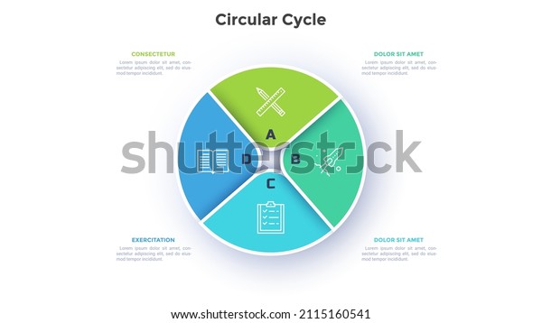Circular pie diagram divided into 4 colorful\
sectors. Concept of four parts of startup project development\
strategy. Simple flat infographic vector illustration for\
statistical information\
analysis.