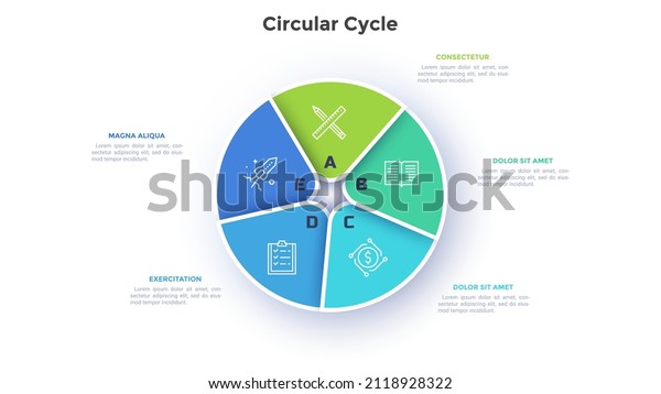 Circular pie diagram divided into 5 colorful\
sectors. Concept of five parts of startup project development\
strategy. Simple flat infographic vector illustration for\
statistical information\
analysis.