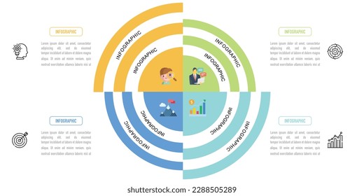 Infografische Vorlage oder Element mit 4 Stufen, Prozess, Option, bunter 3D-Kreis, Ebene, Kuchen, Sektor, Symbole, Dreieck, Tag, Taste, halb zum Verkauf Folie, Broschüre, Web