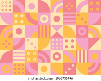 Circular pieces are creating patterns in a square mosaic grid. Simple pattern design template.
