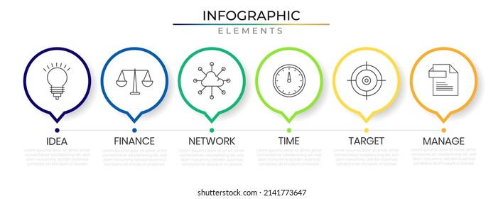 Circular Pin Point Horizontal Row Timeline Infographic Design Vector With Icons. Six Business Network Project Template For Presentation And Report.