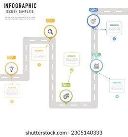 Circular pin roadmap infographic template or element with 5 step, process, option, colorful 3D circle, tag, paper origami, label, icons, rectangular, rectangle, button for sale slide, flowchart, web