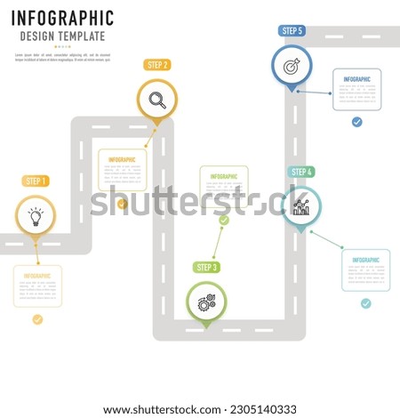 Circular pin roadmap infographic template or element with 5 step, process, option, colorful 3D circle, tag, paper origami, label, icons, rectangular, rectangle, button for sale slide, flowchart, web
