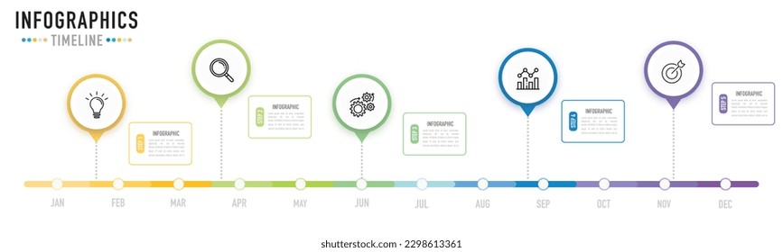 Info-Vorlage oder Element mit zirkulärer oder Pin-Timeline-Funktion mit 12 Monaten, Prozess, Schritt, Option, bunter Taste, Kreis, Rechteck, Symbole, Etikett, Rechteck, Tag für Planer, Plan, Flussdiagramm 