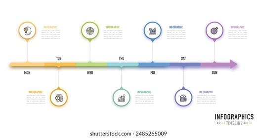 Circular or pin timeline weekly infographic template or element with 7 day, step, process, option, colorful rectangle, bar, column, arrow, tag