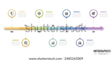 Circular or pin timeline weekly infographic template or element with 7 day, step, process, option, colorful rectangle, bar, column, arrow, tag