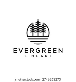 circular pine tree with evergreen fir lake river creek logo design inspiration