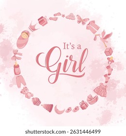 Circular pink frame with cute baby elements for newborn announcement, greeting card or decoration, featuring flat illustrations for girl celebration design