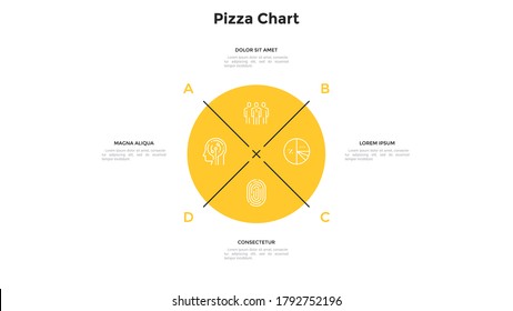 Circular pizza chart divided into four pieces or sectors. Concept of 4 parts of startup project. Modern flat infographic design template. Minimal vector illustration for business data visualization.