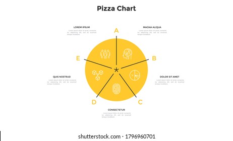 Gráfico de pizza circular dividida en cinco partes o sectores. Concepto de 5 partes del proyecto de inicio. Plantilla moderna de diseño de infografía plana. Ilustración vectorial mínima para la visualización de datos empresariales.