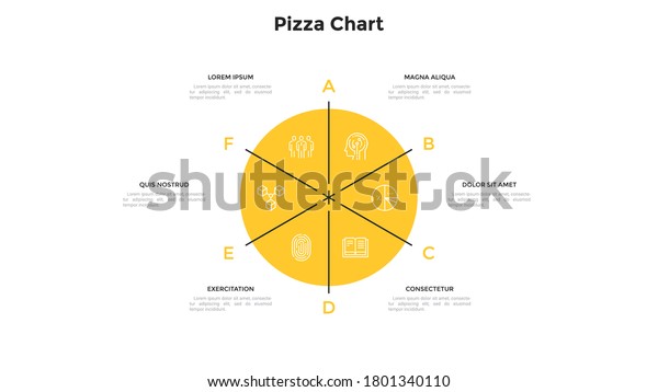Circular pizza chart divided into six\
pieces or sectors. Concept of 6 parts of startup project. Modern\
flat infographic design template. Minimal vector illustration for\
business data\
visualization.
