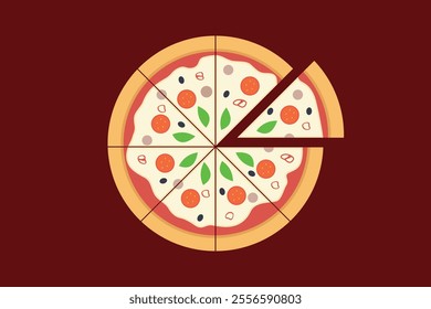 A circular pizza is neatly divided into eight equal slices with various toppings visible.