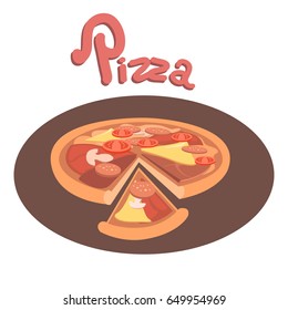 circular pizza. a slice of pizza. cheese tomatoes meat sausage dough.vector