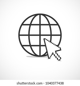 Circular planet internet icon with white pixelated cursor
