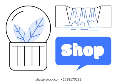 Circular plant icon a waterfall scene and blue shop text in speech bubble. Ideal for themes nature eco-awareness shopping retail environment and minimalistic design