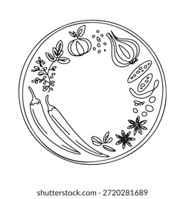 A circular plate adorned with sketched vegetables and spices simple line art