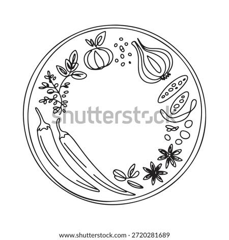 A circular plate adorned with sketched vegetables and spices simple line art