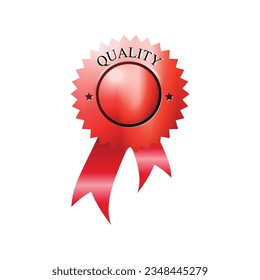 Circular pleated red ribbon winners rosette with blank red center for applying a design to. Photographed on a blank white background.