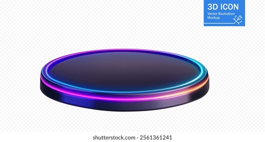 A circular podium features a smooth black surface surrounded by colorful neon lights. The design is sleek and modern, perfect for showcasing products or speakers at events.