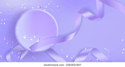 Circular podium with flowing ribbons in soft purple color - elegant platform decorated with scattered confetti particles. Realistic 3d abstract geometric composition for presentation backdrop design.