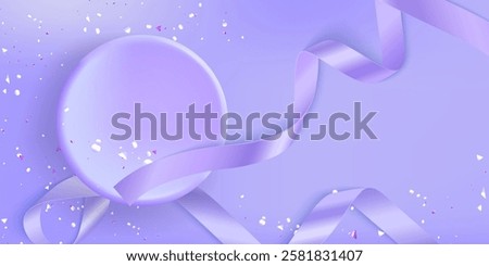 Circular podium with flowing ribbons in soft purple color - elegant platform decorated with scattered confetti particles. Realistic 3d abstract geometric composition for presentation backdrop design.