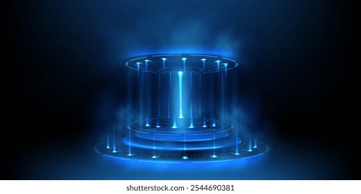 Circular podium radiates blue neon light, vertical luminous beams and misty smoke. Futuristic round stepped platform with glowing rings for high tech product promotion or sci-fi presentation space.