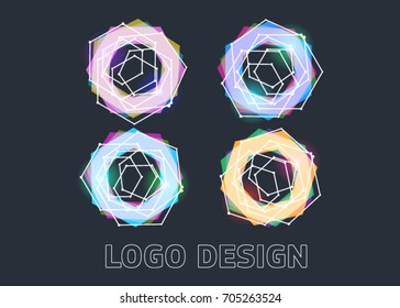 Circular, polygonal colorful logotypes collection on the black background. Vector illustration. Unusual abstract geometric shapes vector logo set. stock vector