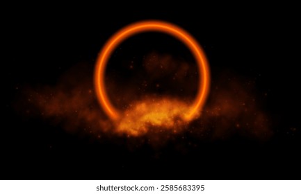 Circular portal effect, illuminated by golden-orange hues and star-like particles, conveying mystery and power.