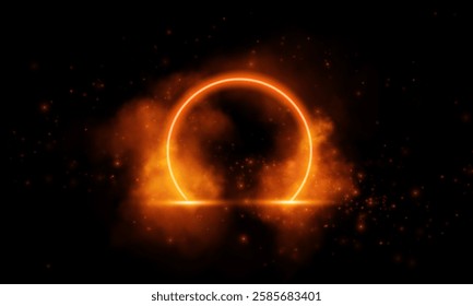 Circular portal effect, illuminated by golden-orange hues and star-like particles, conveying mystery and power.