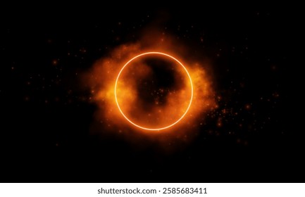 Circular portal effect, illuminated by golden-orange hues and star-like particles, conveying mystery and power.