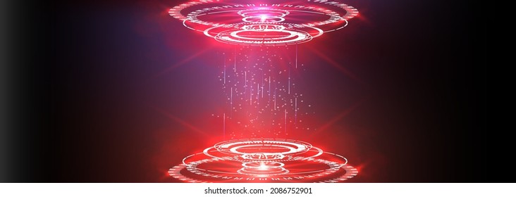 Circular portals, a teleport with a hologram. Projector or teleportation podium of the magic circle. Level up effect. Realistic teleportation portal.