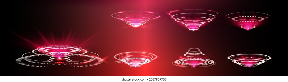 Circular portals, a teleport with a hologram. Projector or teleportation podium of the magic circle. Level up effect. Realistic teleportation portal.