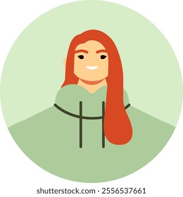 Circular portrait featuring a smiling young woman with long, vibrant red hair, wearing a comfortable green hoodie, conveying a sense of casual confidence and modern style