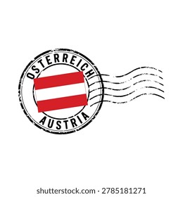 A circular postage stamp featuring the Austrian flag and text 'Osterreich' and 'Austria'. The design has a vintage, grunge texture.
