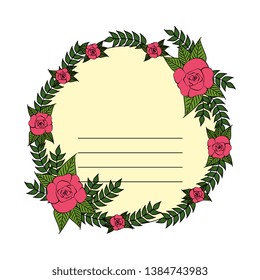 circular postcard with roses and leafs decoration