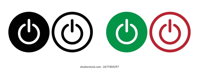   circular power button icons are displayed. One is red, the other green. Both feature a white, stylized power symbol within a circular outline, set against a light gray background