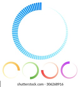 Circular preloader, buffer shapes. Colorful progress indicator icon set with four steps, phases. Rotating circle shapes. Vector.