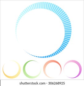 Circular preloader, buffer shapes. Colorful progress indicator icon set with four steps, phases. Rotating circle shapes. Vector.