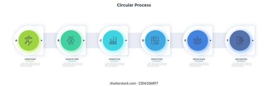 Circular Process chart design of data analytics technology. Digital tools for effective statistics collecting. Business progress infochart with icons. Instructional graphics with 6 steps for banners