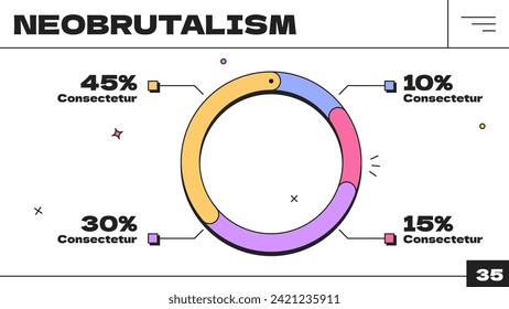 Circular process chart with different percentage. Color round diagram for business y2k trendy design on white background. Informative graphic presentation neobrutalism vector illustration