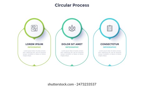 Circular process color template diagram with 3 steps. Company team-building planning presentation design with mockup banners. Three oval shapes for commercial infographic data performance