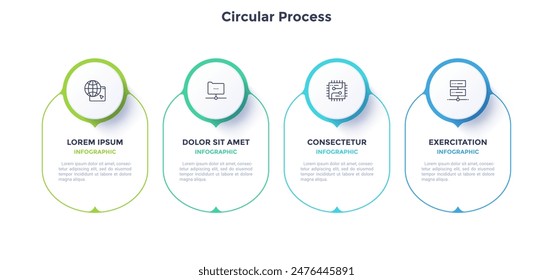 Circular process color template diagram with 4 steps. Company team-building planning presentation design with mockup banners. Four oval shapes for commercial infographic data performance