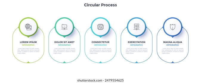 Circular process color template diagram with 5 steps. Company team-building planning presentation design with mockup banners. Five oval shapes for commercial infographic data performance