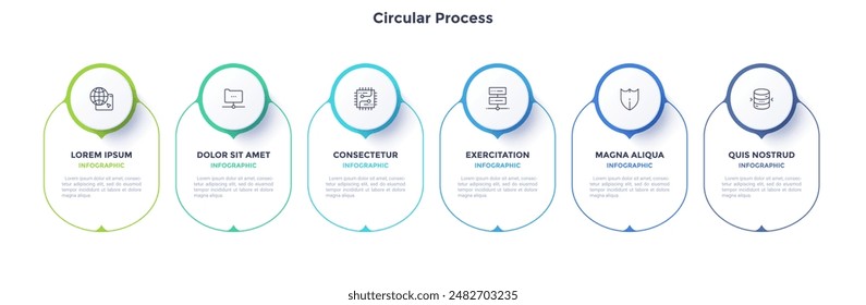 Circular process color template diagram with 6 steps. Company team-building planning presentation design with mockup banners. Six oval shapes for commercial infographic data performance