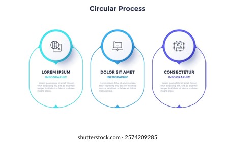 Circular process color template diagram with 3 steps. Company team-building planning presentation design with mockup banners. Three oval shapes for commercial infographic data performance